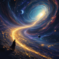 A figure stands on a cosmic landscape, gazing at a swirling galaxy. A glowing path of golden light winds through space, symbolizing the intricate connections of life in the universe.