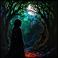 A cloaked figure stands in a shadowy forest, illuminated by a moonlit stained glass canopy. The scene evokes a sense of mystery and untold stories in the darkness.