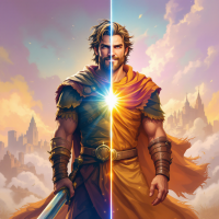 A heroic figure stands divided in a vibrant landscape, embodying transformation with a glowing heart. This image reflects the essence of a hero's journey and personal growth.