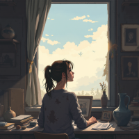 A contemplative figure sits at a cluttered desk, gazing out a window at a serene sky, embodying the moment when extraordinary things begin to disrupt ordinary life.