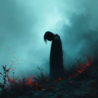 A solitary figure stands amidst an ethereal landscape, shrouded in mist and surrounded by glowing embers, embodying the complexity of sadness and the essence of life.