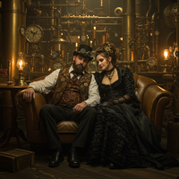 A Victorian-era couple in dark, ornate clothing sit closely on a leather couch amid warm, dimly lit steampunk surroundings, their expressions tired yet intimate, reflecting faded affection.