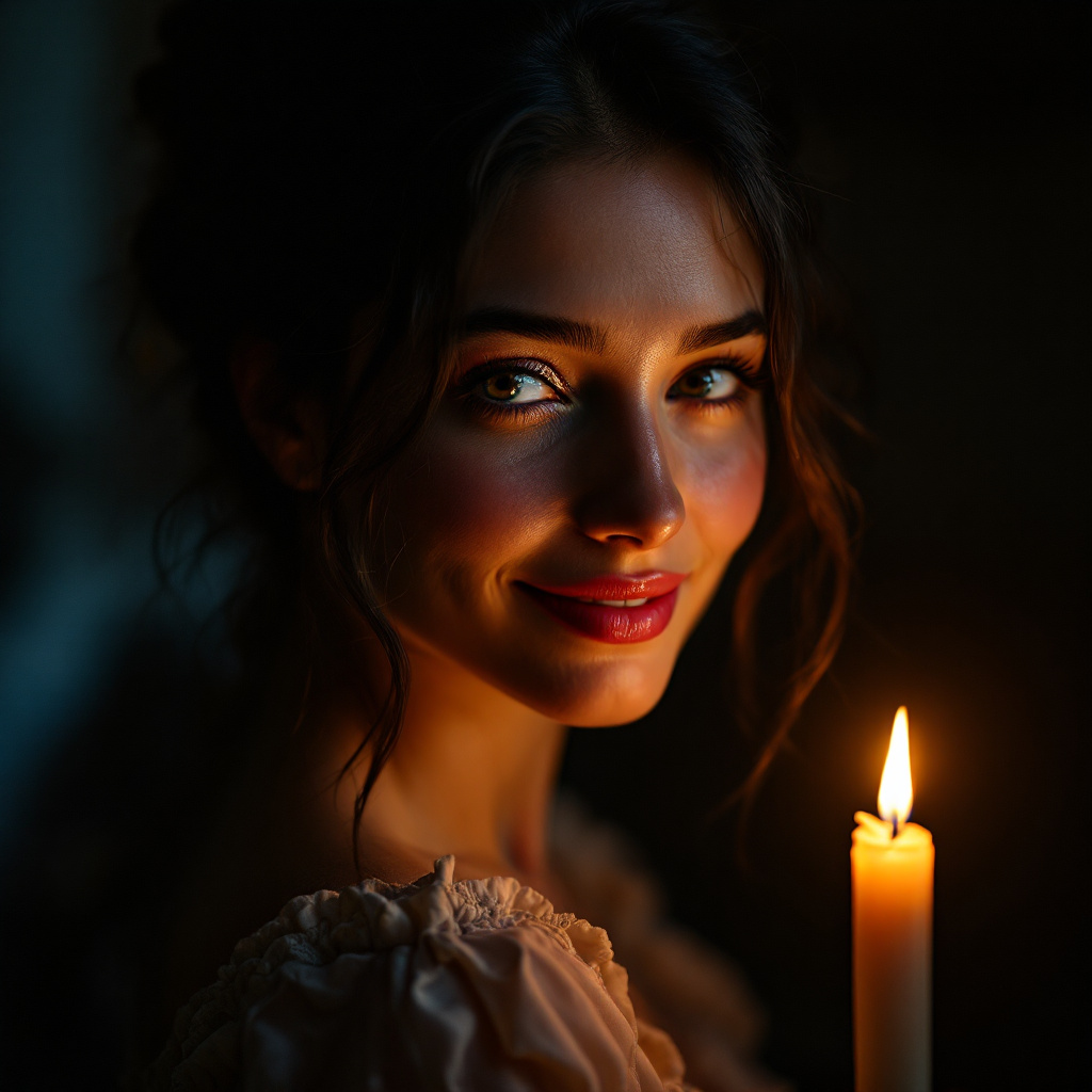 A young woman smiles gently, illuminated by the warm glow of a candle, her expression radiating warmth and transformation, reminiscent of Anne Abbott's rare beauty.