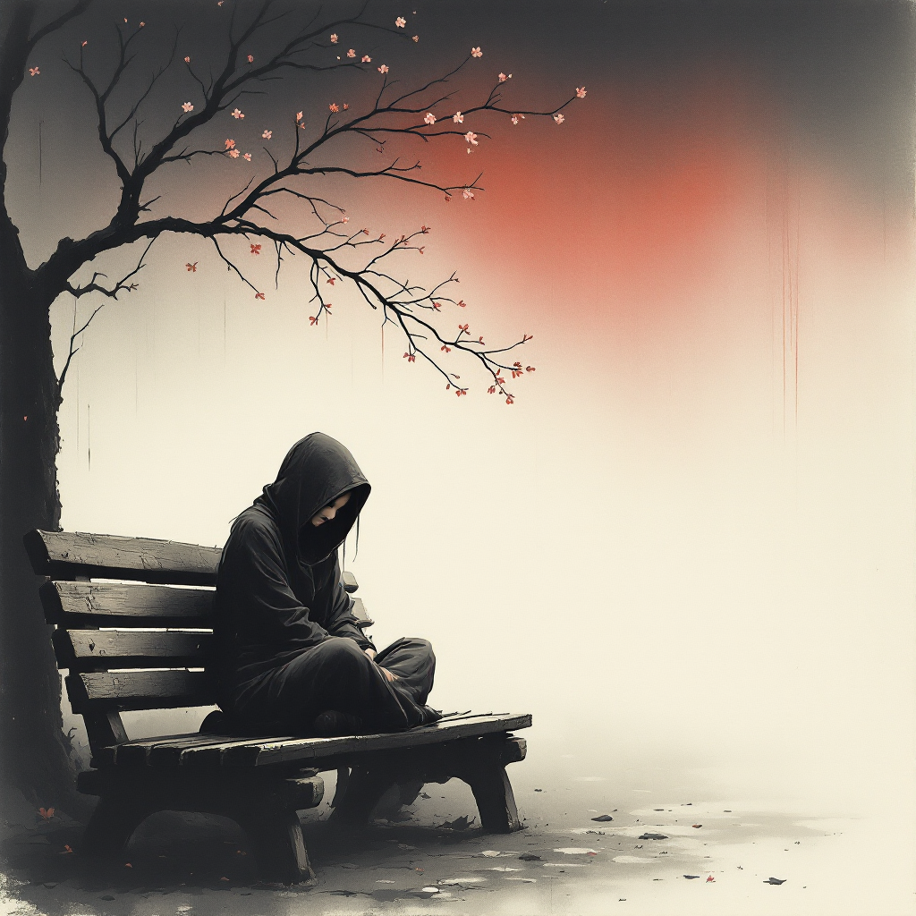 A solitary figure in a hoodie sits on a bench under a bare tree, surrounded by dim, moody colors, embodying the feeling of a bad day amidst a long succession of them.