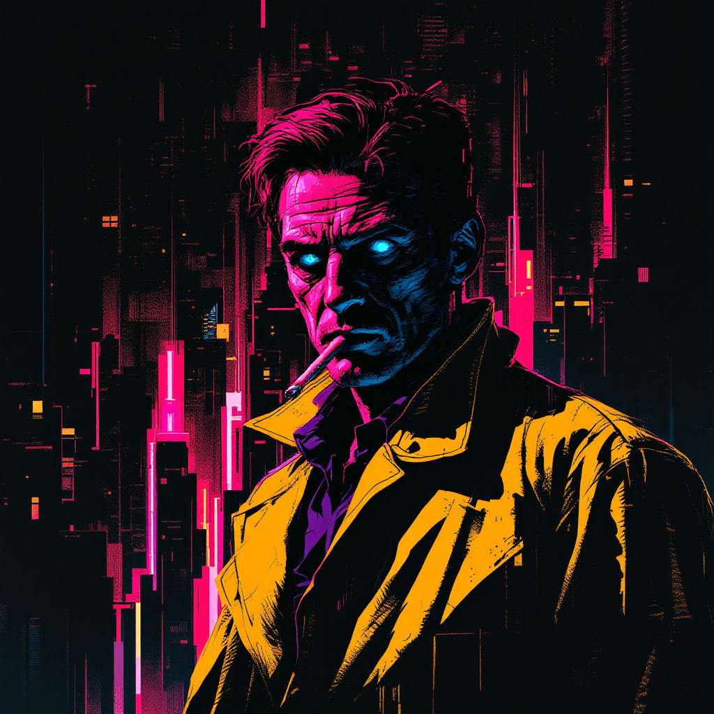 A mysterious man in a vibrant yellow coat stands against a dark, neon-lit cityscape, embodying the idea that some men are more intriguing than their work.