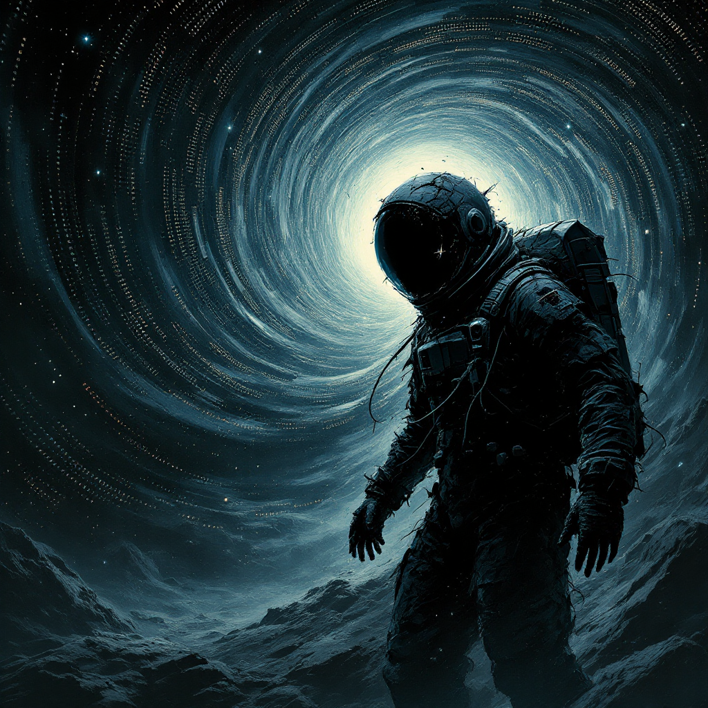 An astronaut stands on a dark, alien landscape, enveloped by a swirling vortex of light, symbolizing the delusion and challenges of the digital age.