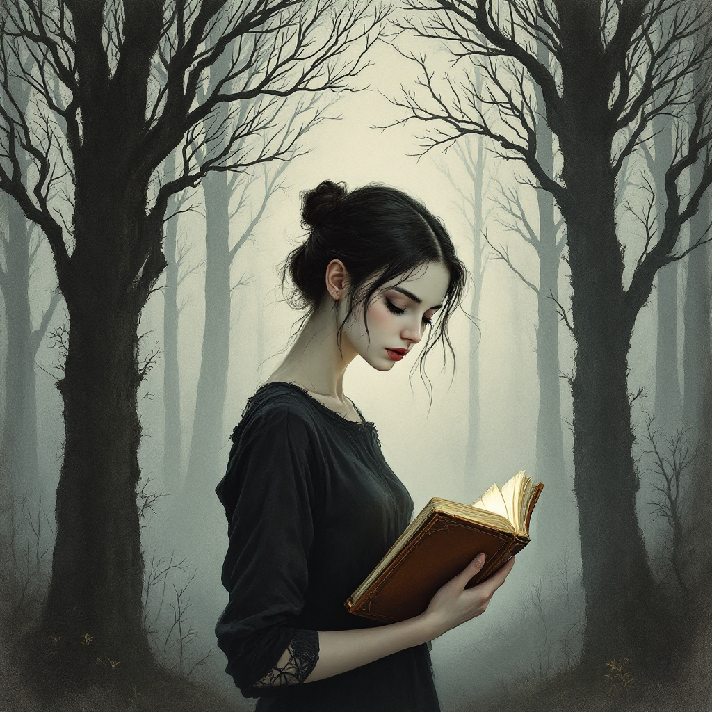 A young woman in a black dress reads a book in a misty forest, surrounded by tall, dark trees that evoke a sense of mystery and introspection, reflecting the quote about choosing enemies.