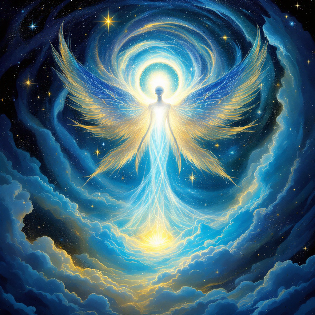 A radiant figure with luminous wings emerges from swirling clouds, surrounded by stars and light, symbolizing unity and the choices of humanity in a cosmic context.