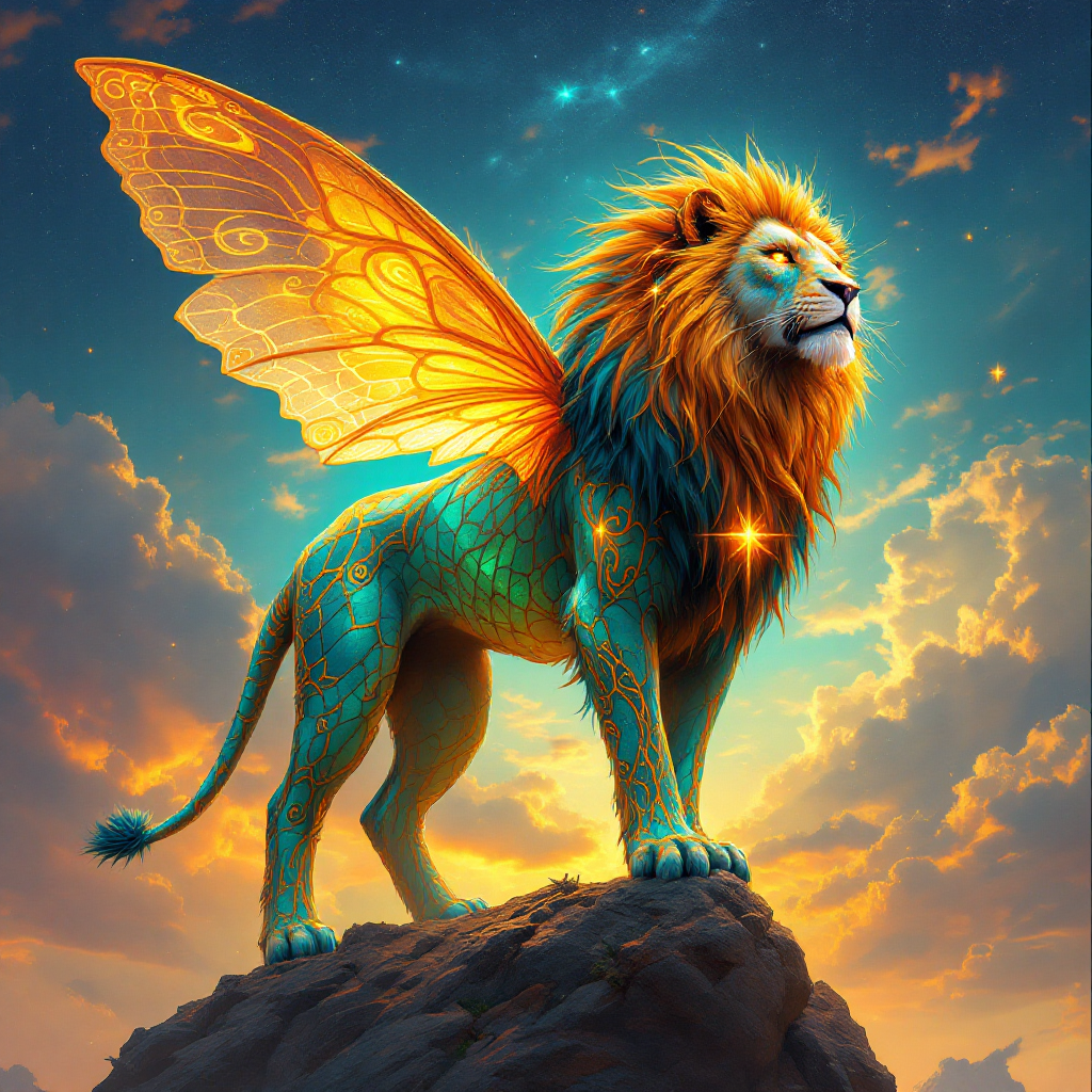 A vibrant lion with butterfly wings stands confidently on a rocky ledge, symbolizing the power of uniqueness against a radiant sunset sky.