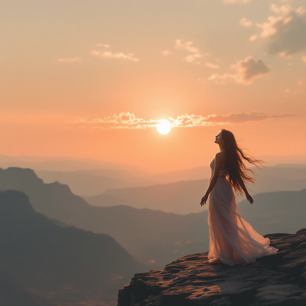 A woman in a flowing white dress stands on a rocky ledge, silhouetted against a vibrant sunset, symbolizing the journey of stepping into her own light and leaving the world behind.