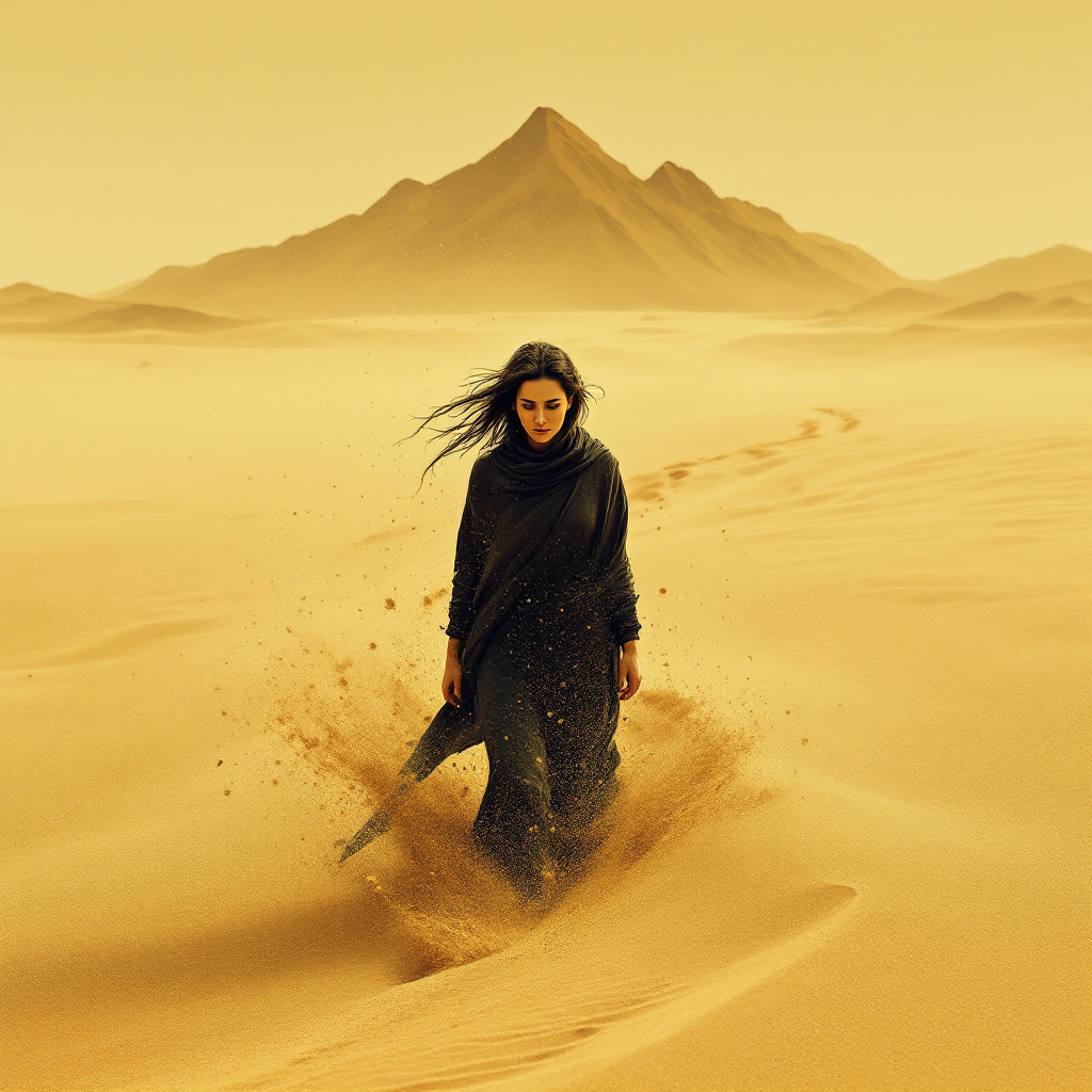 A woman walks through a vast, golden desert, her dark clothing contrasting with the sunlit sands and distant mountains, embodying the quote about enduring contradiction in the world.