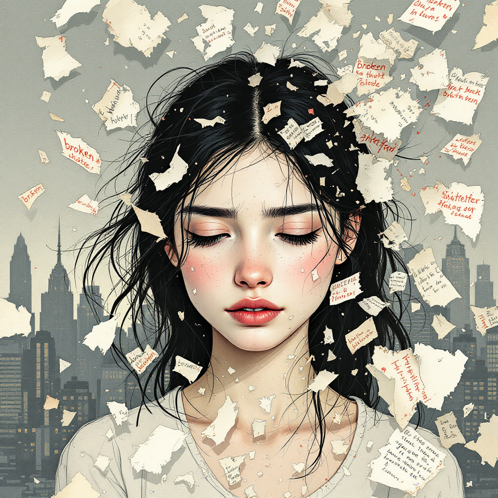 A woman with melancholic expression stands amidst swirling pages of text, symbolizing the struggle to maintain composure while feeling overwhelmed inside, reflecting the quote's essence.