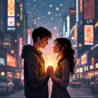 A couple stands face to face in a bustling city, their hands glowing with a warm light that reflects their passionate connection amidst the vibrant chaos of urban life.