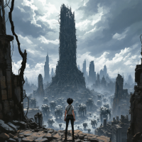 A figure stands on a ruined landscape, gazing at a towering, vine-covered structure amid a tumultuous sky, embodying both fear and beauty in uncertainty.