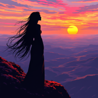 A silhouette of a woman stands on a rocky ledge, gazing at a vibrant sunset over rolling mountains, symbolizing the past's lessons and the future's purpose.