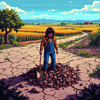 A child stands on a mound of earth, holding a shovel amidst a vibrant landscape of fields and mountains, symbolizing the bold pursuit of uncovering the past's hidden treasures.