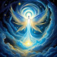 A radiant figure with luminous wings emerges from swirling clouds, surrounded by stars and light, symbolizing unity and the choices of humanity in a cosmic context.