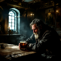 A somber man with a beard sits at a wooden table, gazing thoughtfully at a steaming mug of beer, in a dimly lit, ornate room filled with historical decor.