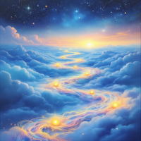 A winding, luminous path of light flows through soft, fluffy clouds under a starry sky, illustrating the idea that the future is a vast, intricate landscape.