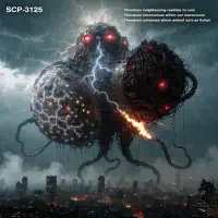 A colossal, ominous entity with glowing red eyes and mechanical tendrils looms over a city, symbolizing SCP-3125's omniversal threat to multiple realities and microverses.