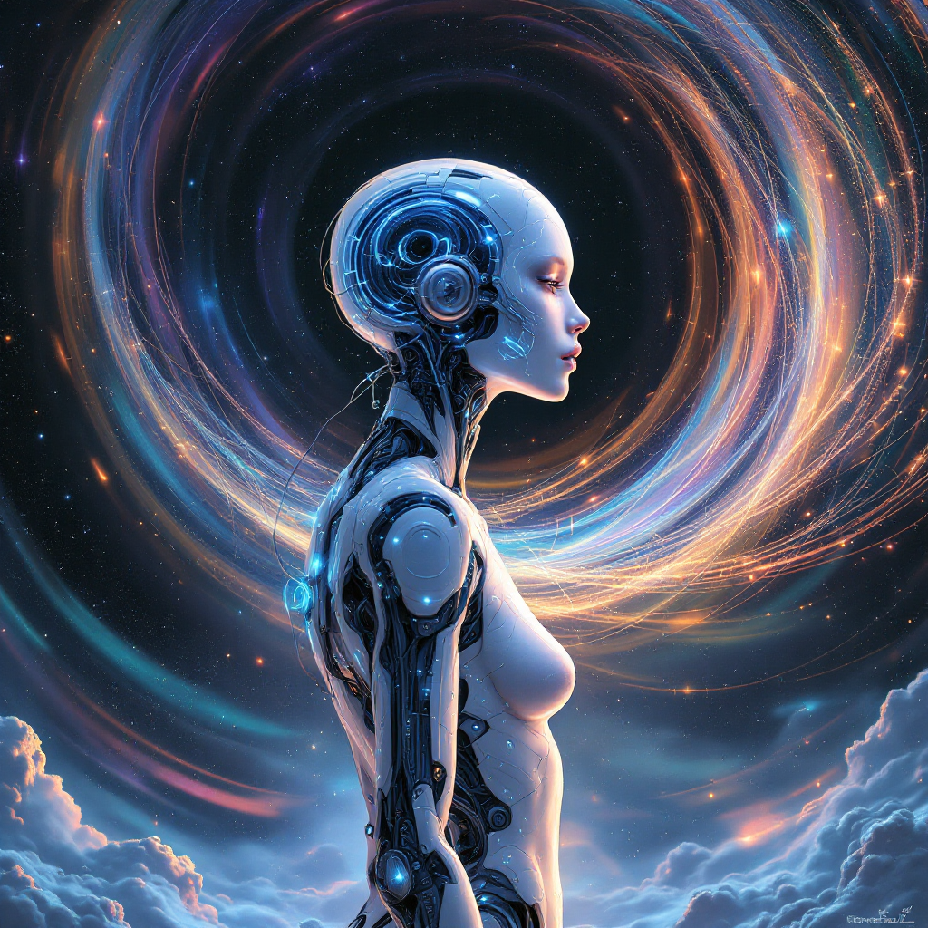 A futuristic humanoid figure stands in profile against a swirling cosmic backdrop, embodying the essence of exploration and limitless possibilities inherent in life.