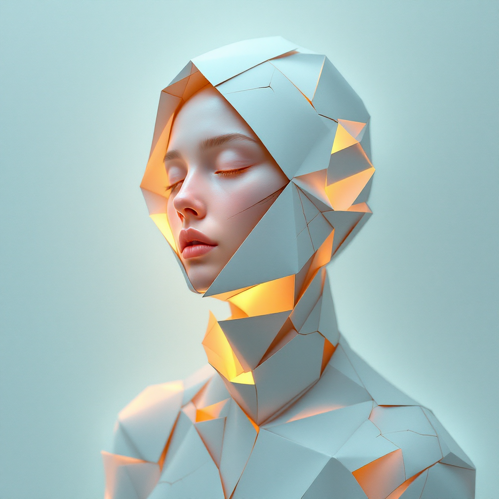 A geometric, faceless figure with soft lighting symbolizes the quote, We are all just a little broken, but that doesn’t mean we can’t be whole, evoking themes of resilience and beauty.