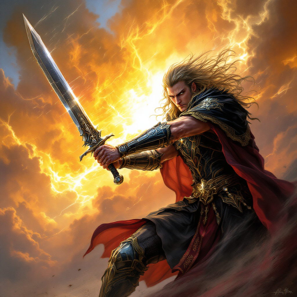 A powerful warrior, with flowing hair and a red cape, stands boldly against a stormy sky, raising a gleaming sword, embodying the quote: The man who passes the sentence should swing the sword.