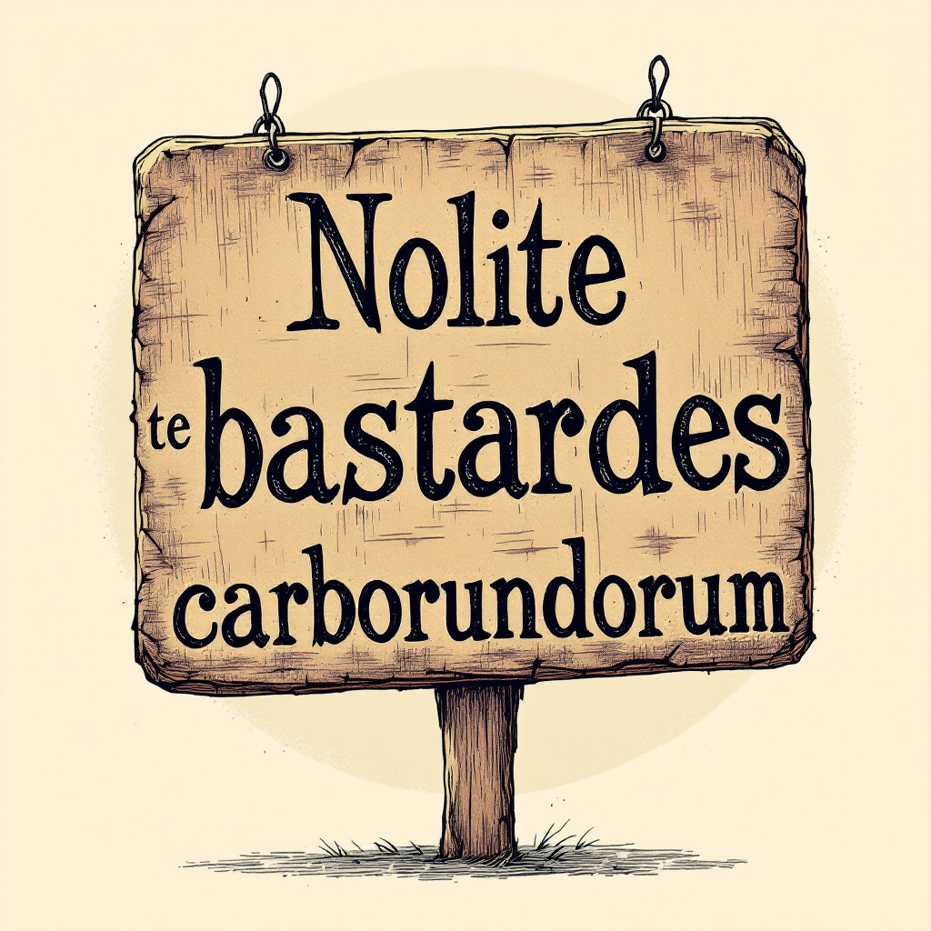 A wooden sign displays the phrase Nolite te bastardes carborundorum, set against a light background, evoking themes of resilience and defiance from the book.