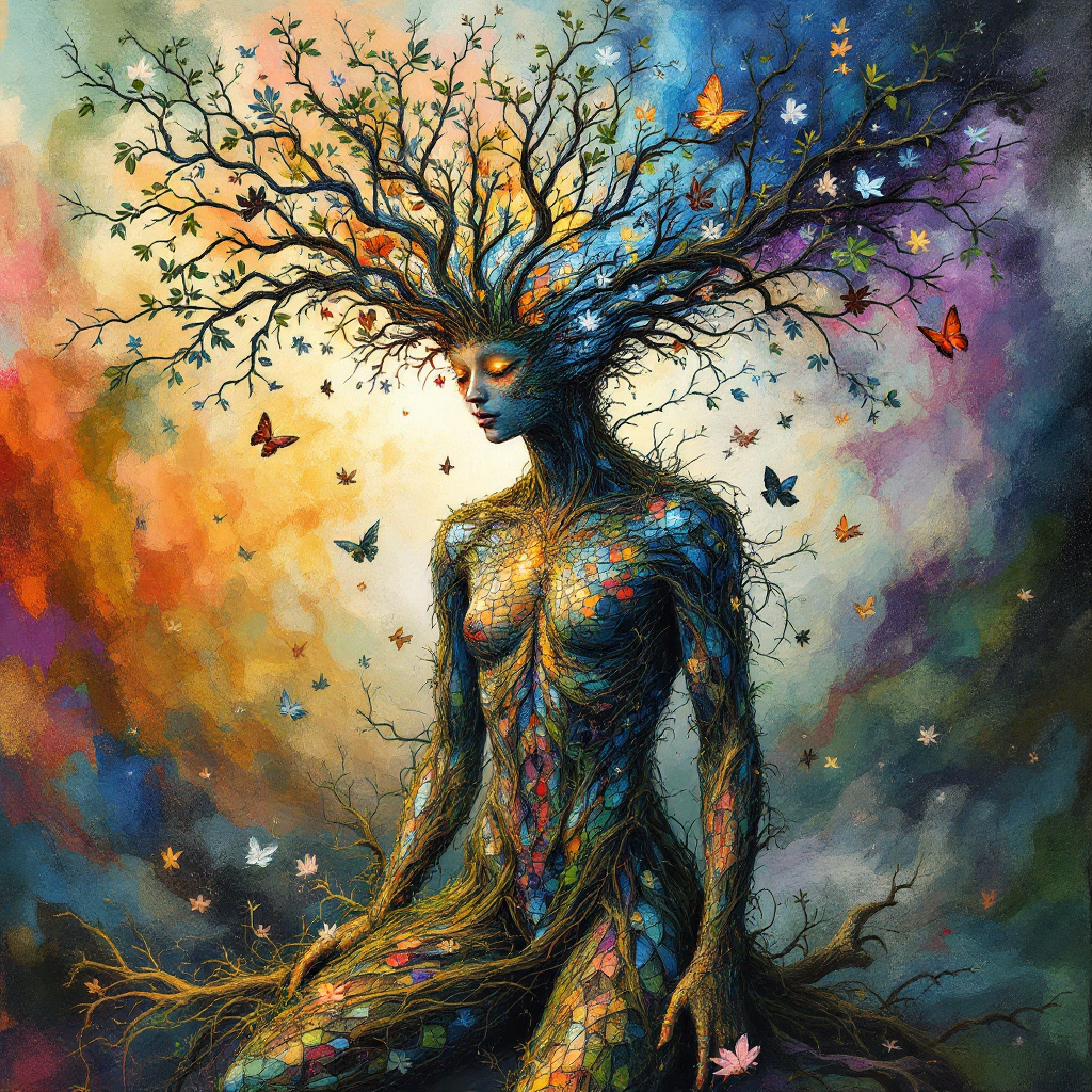 A vibrant, humanoid figure with a tree-like head and colorful patterns on its body, surrounded by butterflies and swirling colors, embodies the quote about composite identities.