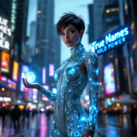 A figure in a glowing, futuristic suit holds a luminous orb, standing in a vibrant cityscape. Neon signs proclaim True Names Hold Power, emphasizing the essence of identity in a digital realm.