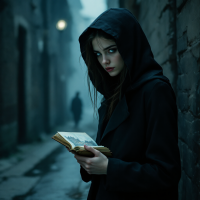 A young woman in a dark hooded coat stands in a foggy alley, holding an open book, a look of determination on her face, embodying the phrase I don't have a choice. I have to do this.