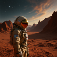 An astronaut stands on a barren, red landscape, looking toward distant mountains under a starry sky, evoking the idea of exploring the universe and the possibility of not being alone.