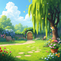 A sunlit, vibrant garden with a winding stone path, blooming flowers, and a gentle willow tree where tiny fairies flutter, embodying the magic beyond its natural beauty.