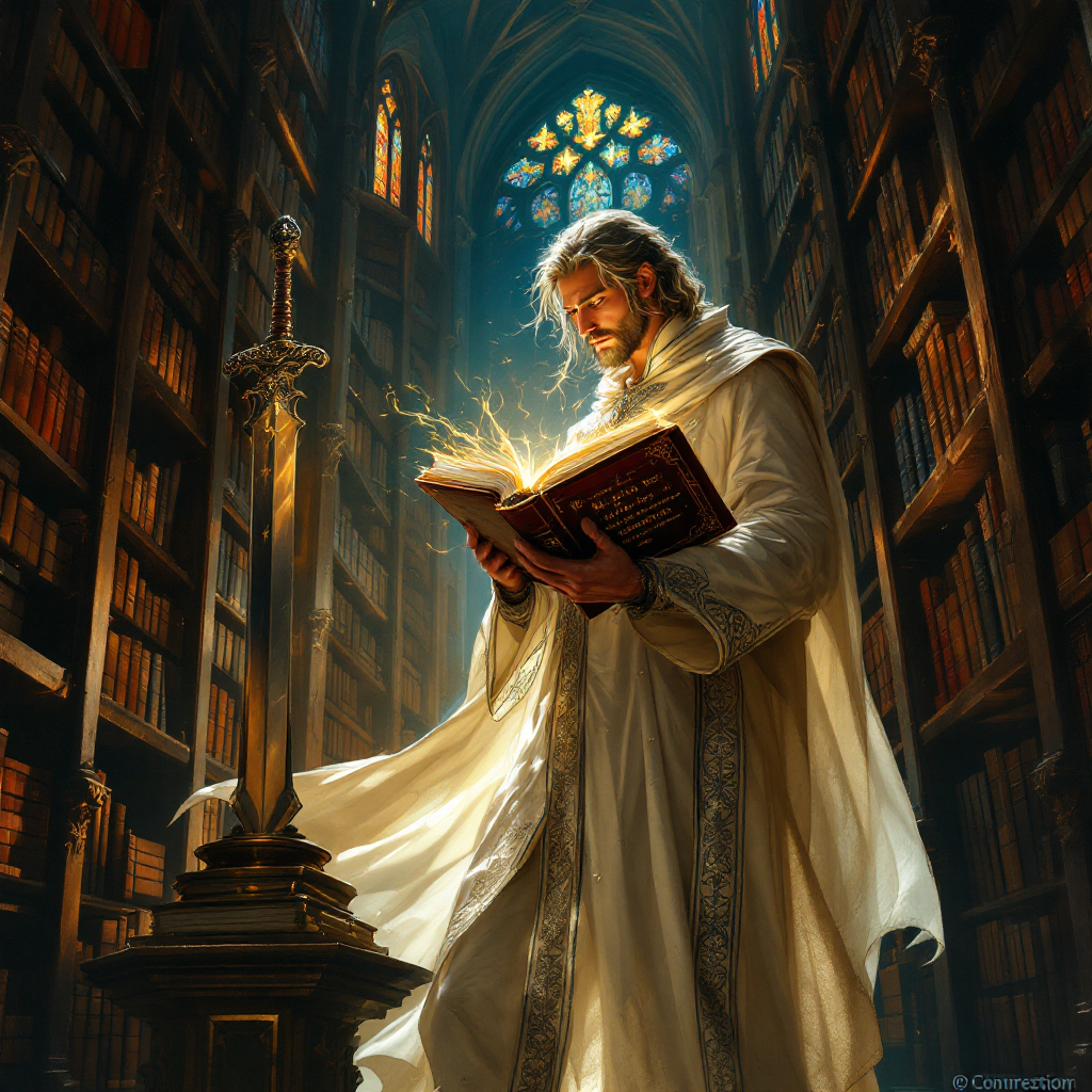 A figure in a flowing white robe reads a glowing book in a grand library, illuminated by sunlight streaming through stained glass, symbolizing knowledge sharpening the mind like a sword.