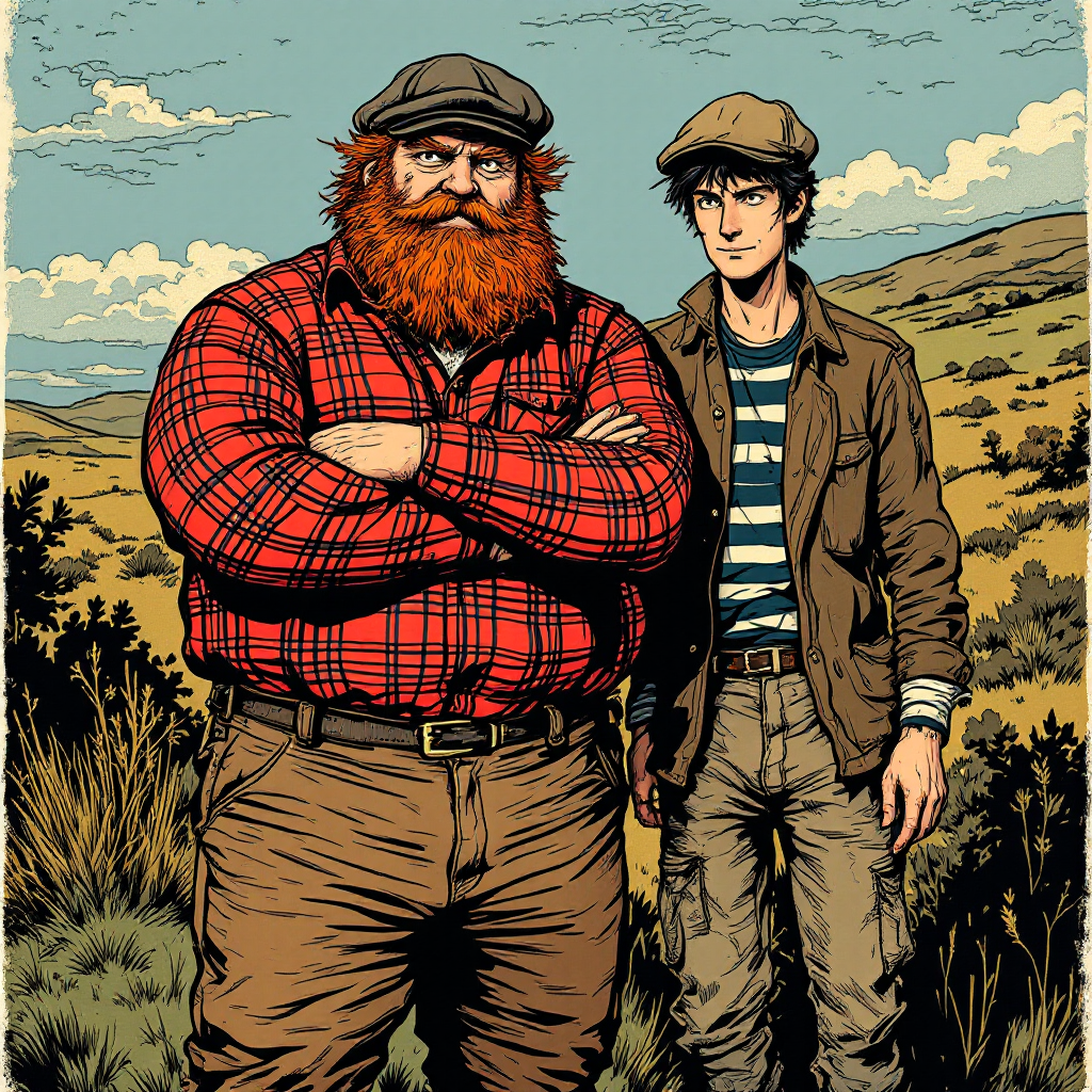 A burly, red-headed Yorkshireman stands confidently with crossed arms, beside a slender young man in a striped shirt, with rolling hills in the background, capturing their contrasting backgrounds.