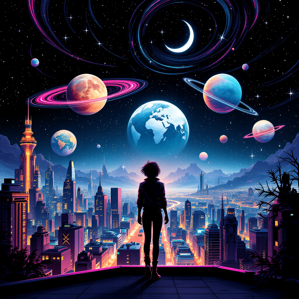 A silhouetted figure stands atop a futuristic cityscape, gazing at a cosmic scene filled with planets and swirling galaxies, reflecting on identity and choices amidst the stars.