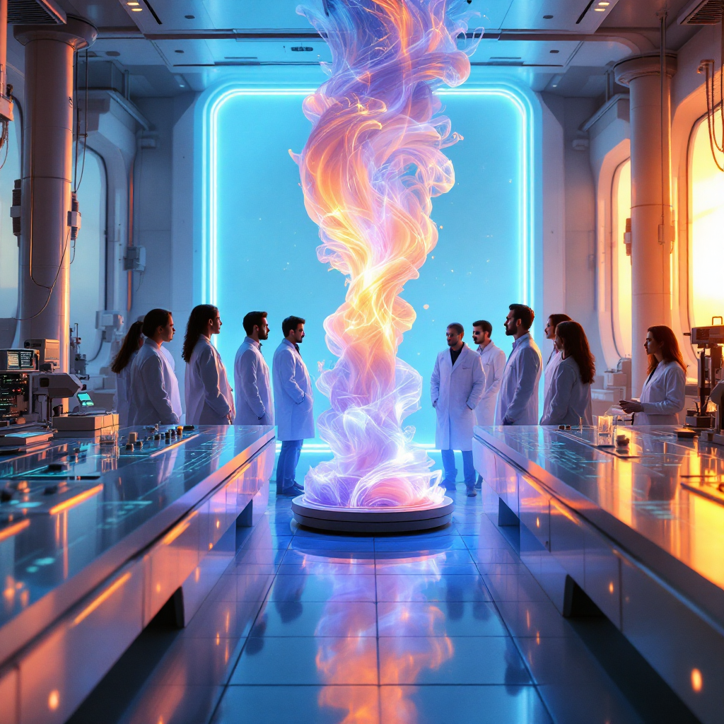 A futuristic laboratory scene features a swirling, colorful energy column as scientists observe. The space embodies advanced technology and the concept of infinitely reconfigurable devices.