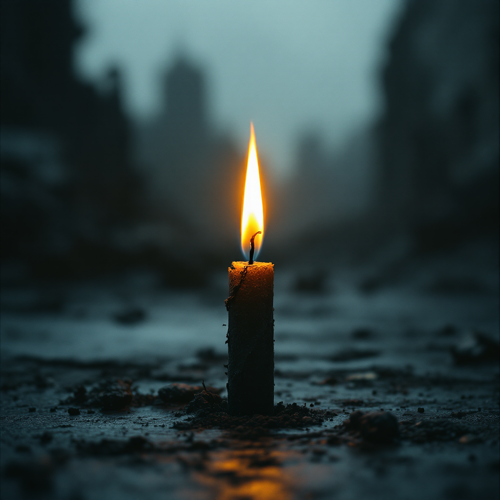 A solitary candle burns brightly amid a dark, shadowy landscape, symbolizing hope as an ember igniting the spirit in challenging times.