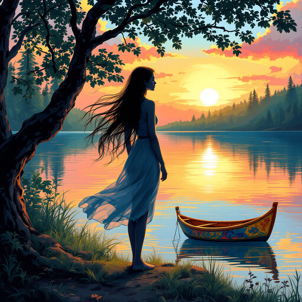 A silhouette of a woman in a flowing dress stands by a tranquil lake at sunset, with vibrant colors reflected in the water, symbolizing letting go of the past to embrace the future.