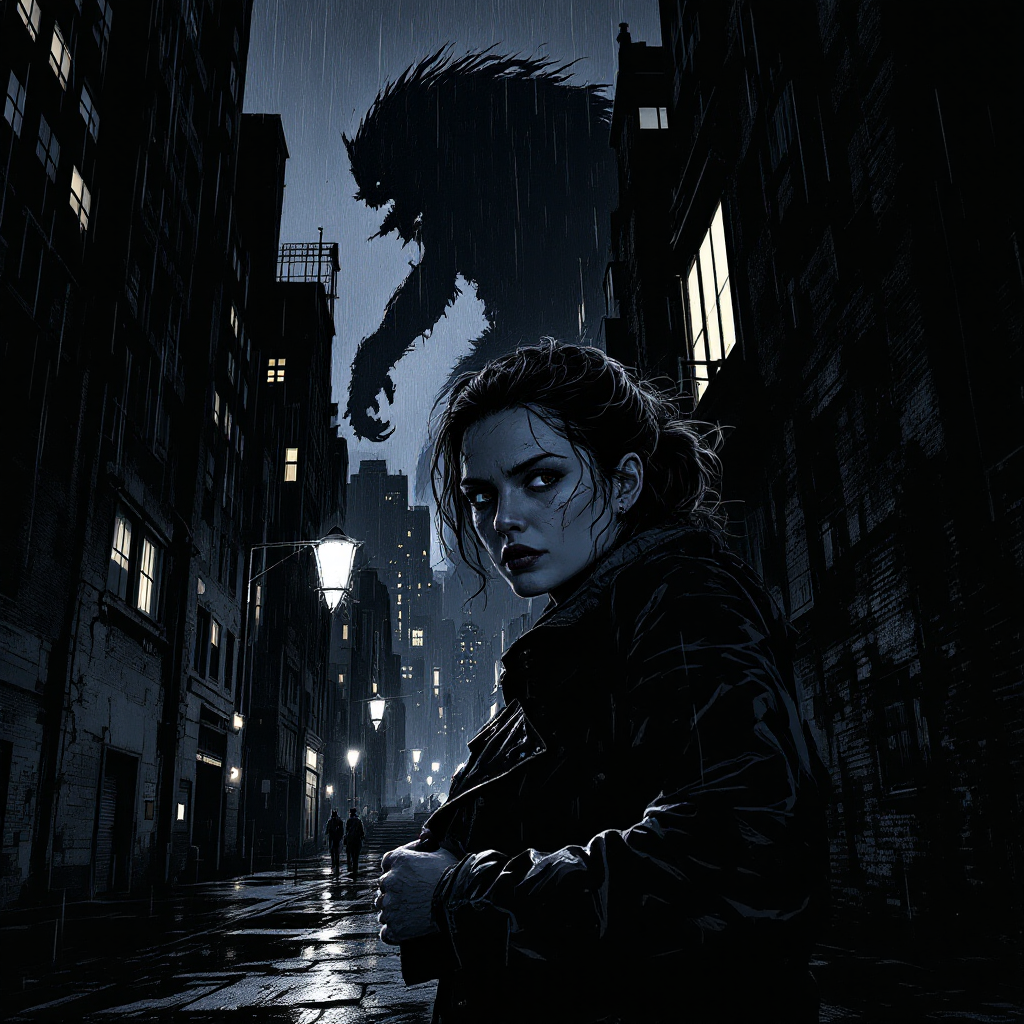 A woman stands in a dark, rain-soaked alley, looking determined as a monstrous shadow looms behind her, symbolizing the confrontation of fears that define our lives.