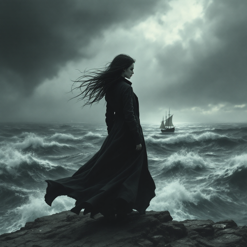 A figure in a flowing black cloak stands on rocky shores, facing tumultuous seas under a stormy sky, embodying the spirit of taking a leap of faith. A ship is visible in the distance.