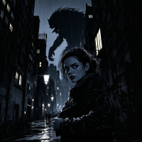 A woman stands in a dark, rain-soaked alley, looking determined as a monstrous shadow looms behind her, symbolizing the confrontation of fears that define our lives.