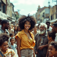 A diverse crowd of people smiles and interacts in a lively street scene, capturing the essence of community and the shared human experience of making mistakes and learning together.