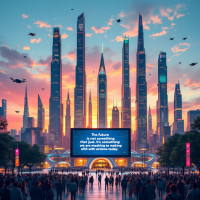 A vibrant cityscape at sunset with towering skyscrapers and a large screen displaying a quote on crafting the future through today’s actions, surrounded by a bustling crowd.