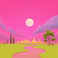 A vibrant landscape features a winding path leading to a city skyline under a large moon, surrounded by pink skies and lush greenery, embodying the idea of life as a series of scenes.