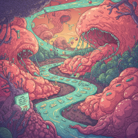 A surreal landscape with two large, fleshy, monster-like mouths facing each other across a winding river, surrounded by organic, bulbous formations and intricate, alien vegetation.