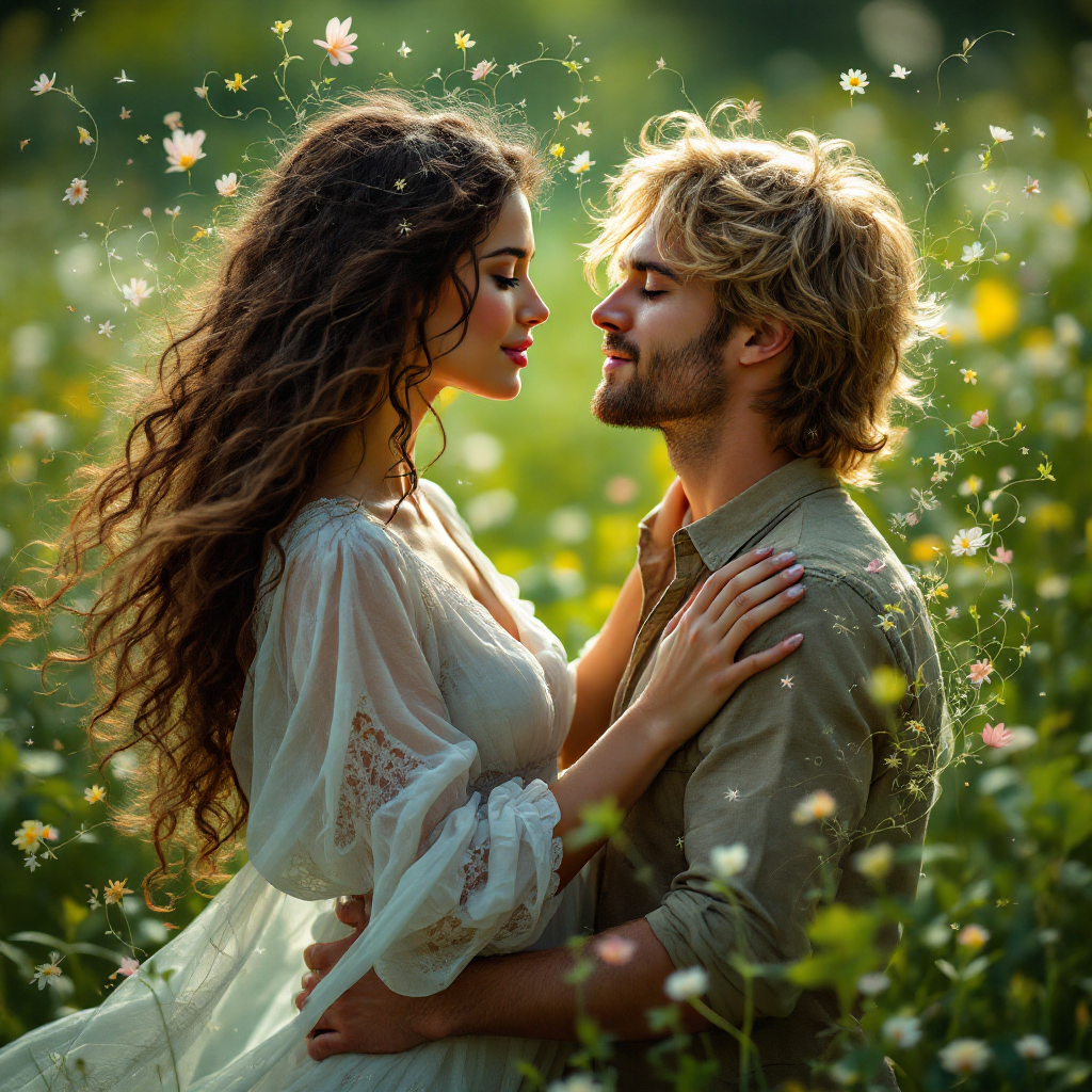 A couple stands closely in a lush, flower-filled field, sharing an intimate moment filled with love and honesty, resonating with the sentiment of deep emotional connection.