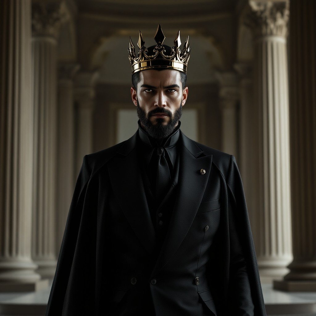 A regal King stands confidently in a grand hall, wearing a black ensemble and an ornate crown, embodying the manufactured grace of a royal court.