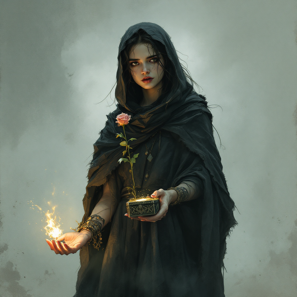 A hooded figure stands with a glowing orb in one hand and a blooming rose in the other, embodying the tension between loyalty and betrayal within a mysterious atmosphere.