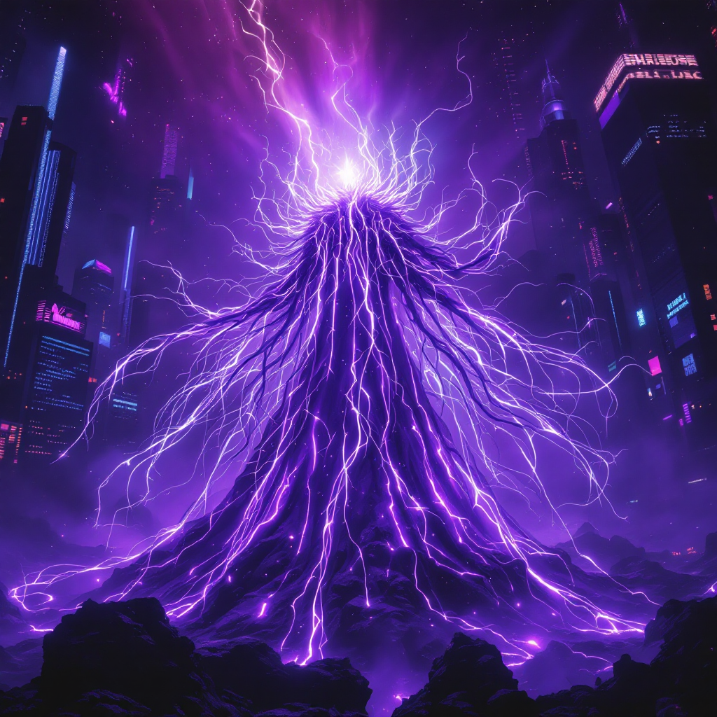 A towering figure of vibrant purple energy emanates lightning in a futuristic cityscape, embodying the quote, You can do anything if you set your mind to it.